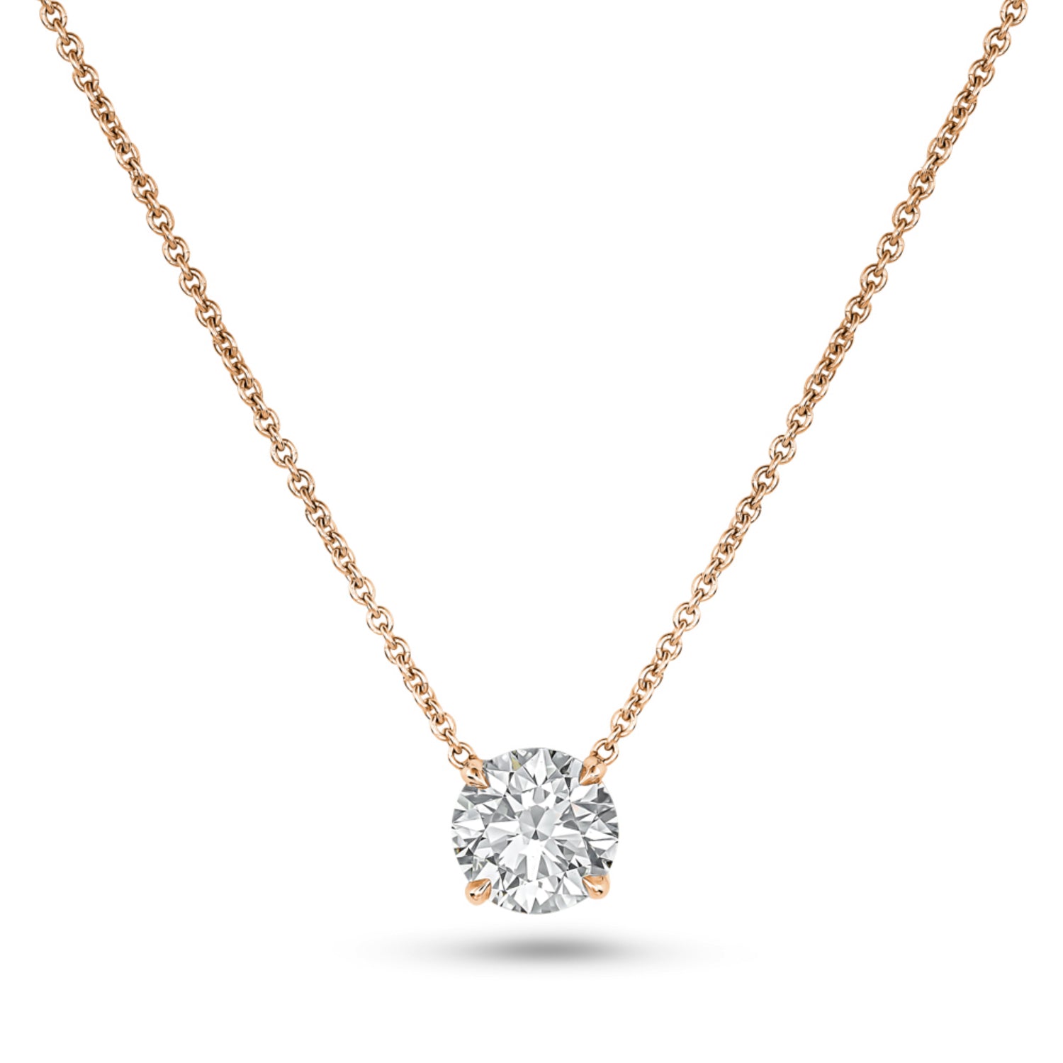 Round brilliant-cut lab-grown diamond in a rose gold prong setting, suspended from a fine cable chain.