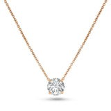Round brilliant-cut lab-grown diamond in a rose gold prong setting, suspended from a fine cable chain.