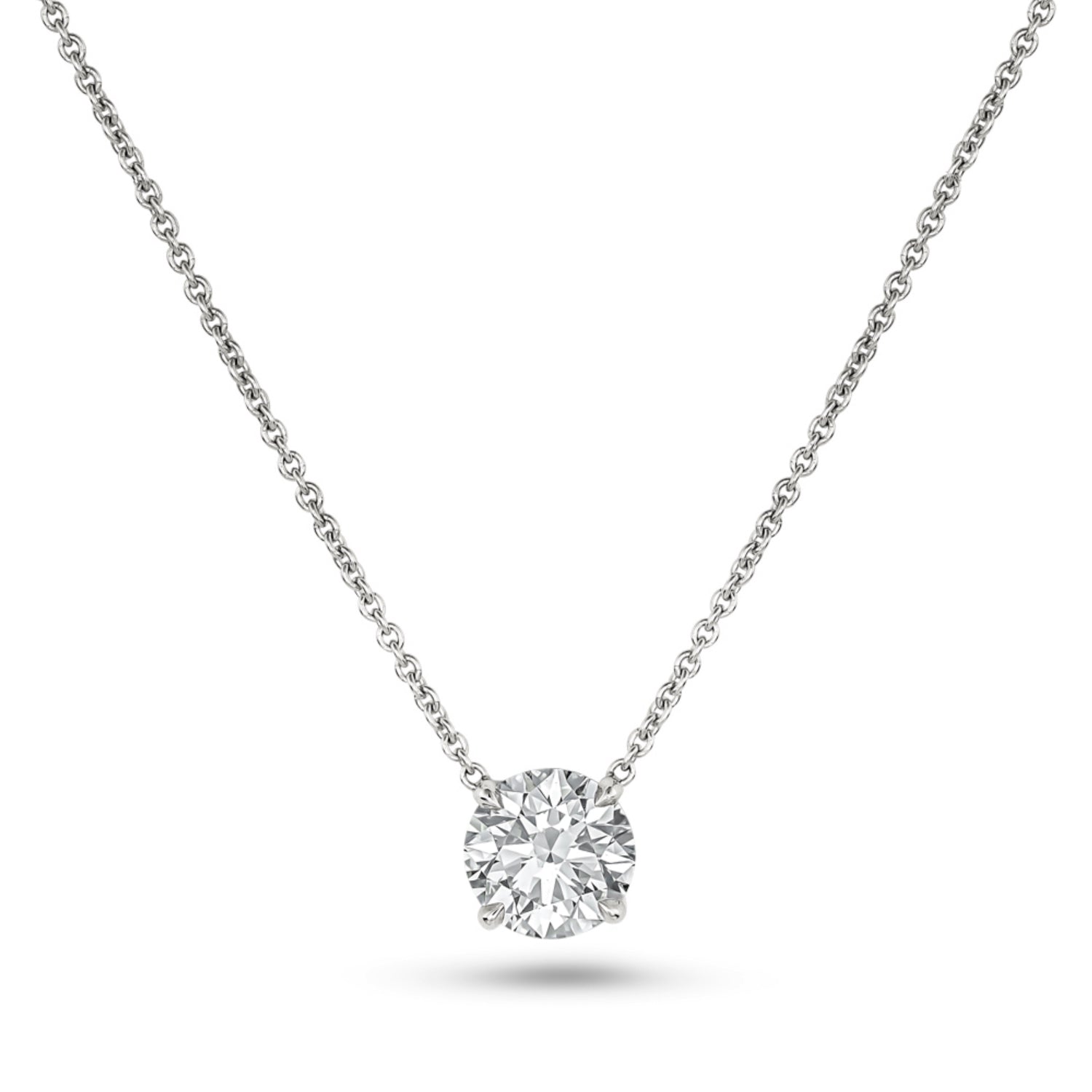 Round brilliant-cut lab-grown diamond in a white gold prong setting, suspended from a fine cable chain.