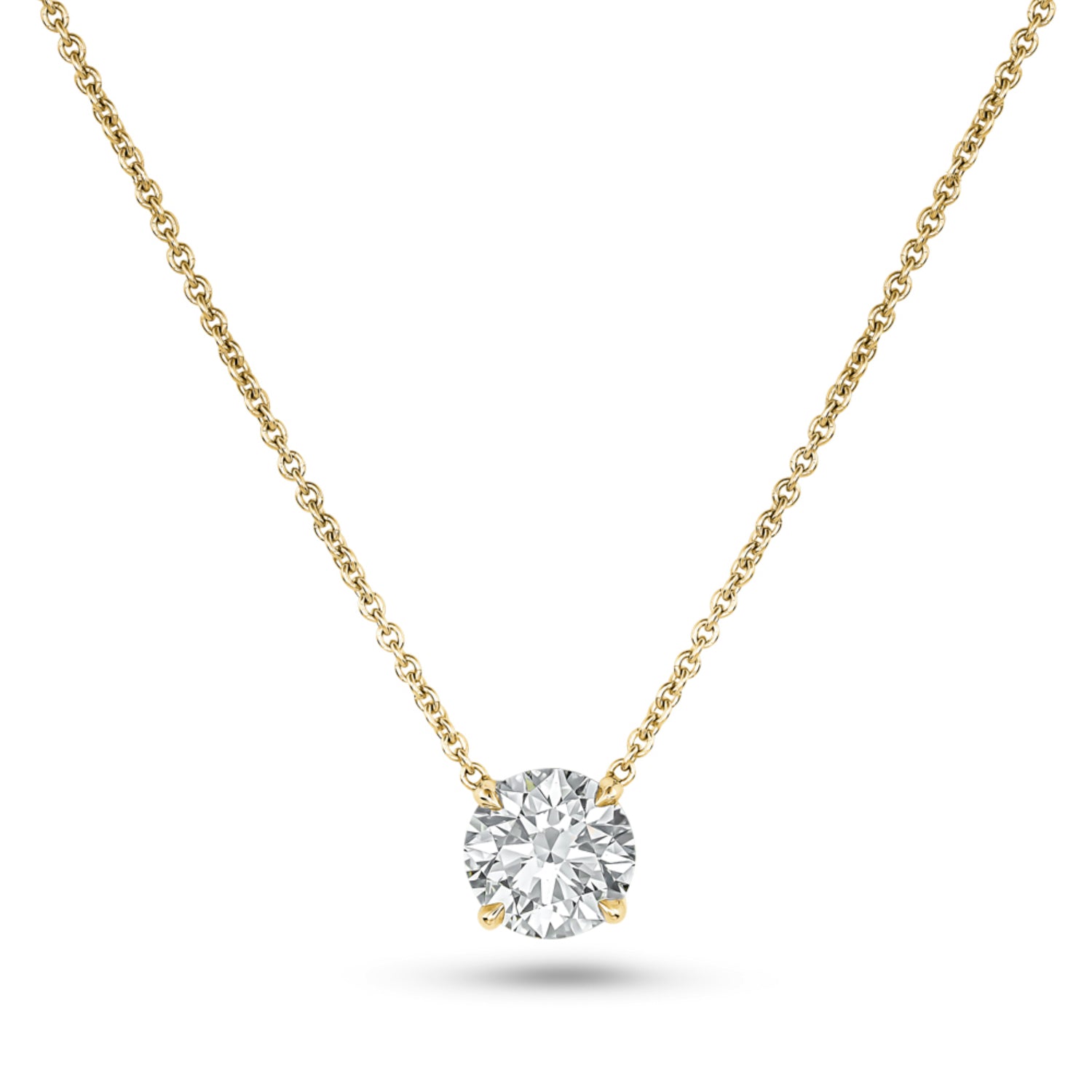 Round brilliant-cut lab-grown diamond in a yellow gold prong setting, suspended from a fine cable chain.