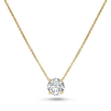 Round brilliant-cut lab-grown diamond in a yellow gold prong setting, suspended from a fine cable chain.