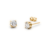 Round cut diamond four prong basket stud earrings with mermaid scale motif in yellow gold