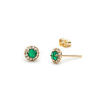 Round Cut Emerald Diamond Halo Stud Earrings in Yellow Gold