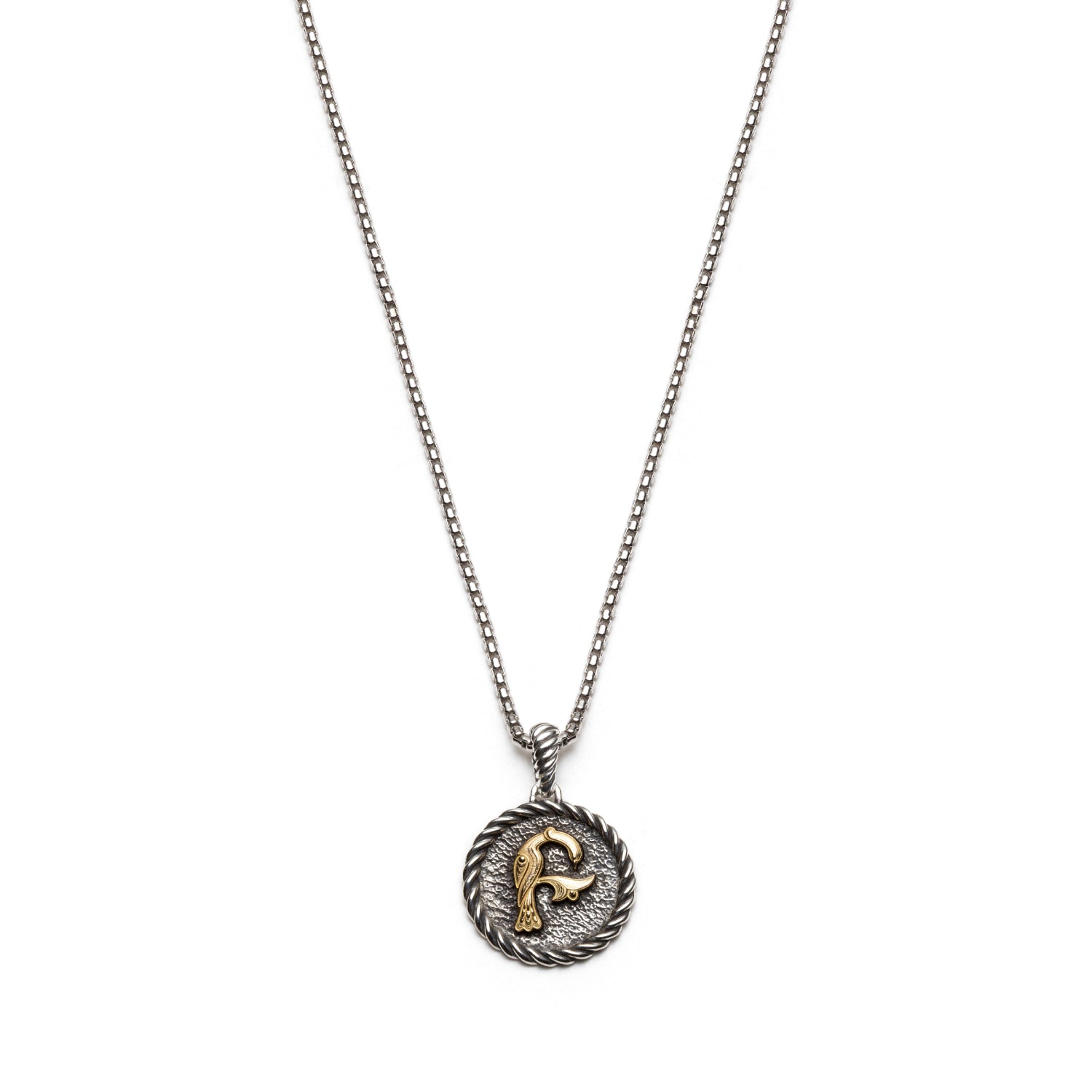 Bird-shaped Armenian initial in 18k yellow gold on a round sterling silver medallion, suspended from a silver chain.