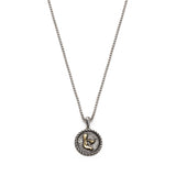 Trchnakir Armenian initial medallion necklace featuring two facing bird forms in yellow gold against textured sterling silver.