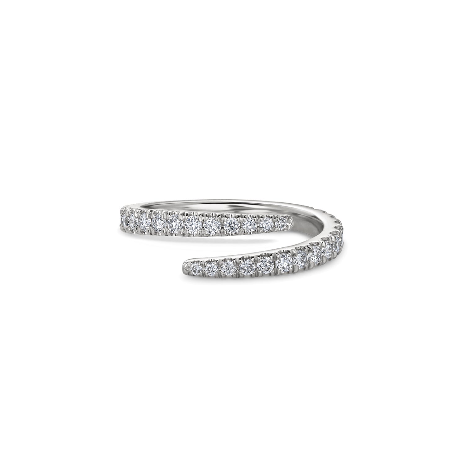 Wrap-around diamond pavé pinky ring in white gold, featuring an open design with two curved diamond-set ends.