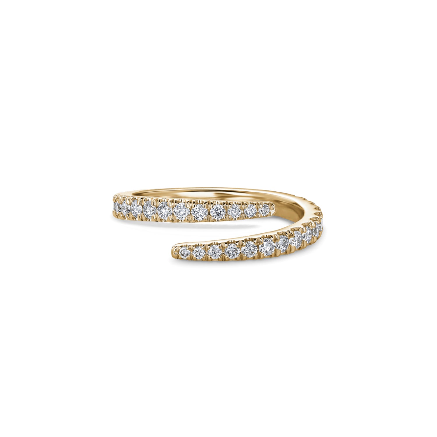 Wrap-around diamond pavé pinky ring in yellow gold, featuring an open design with two curved diamond-set ends.