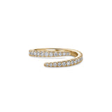 Wrap-around diamond pavé pinky ring in yellow gold, featuring an open design with two curved diamond-set ends.