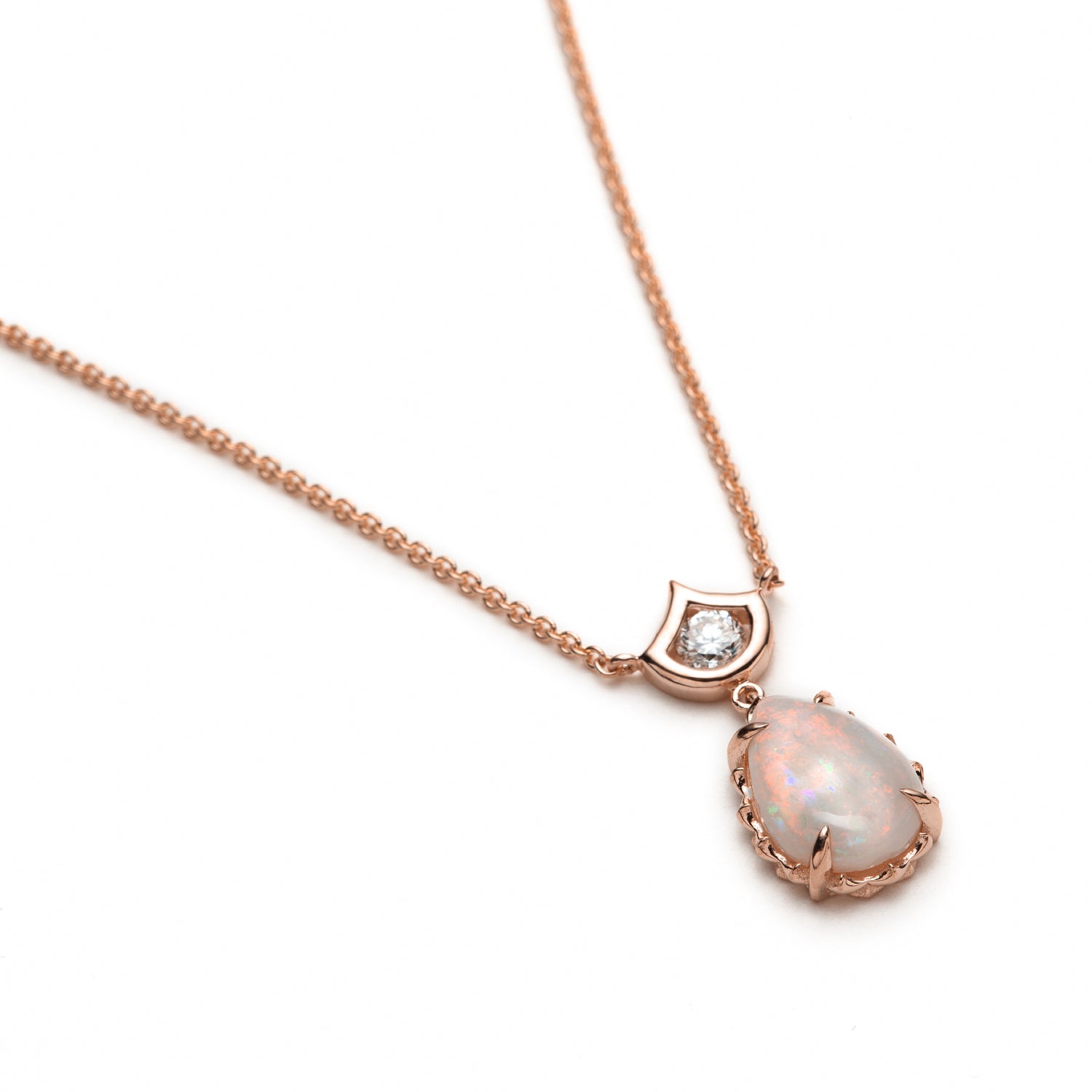 Lepi Pear-Shaped Opal and Diamond Necklace in Rose Gold Side View