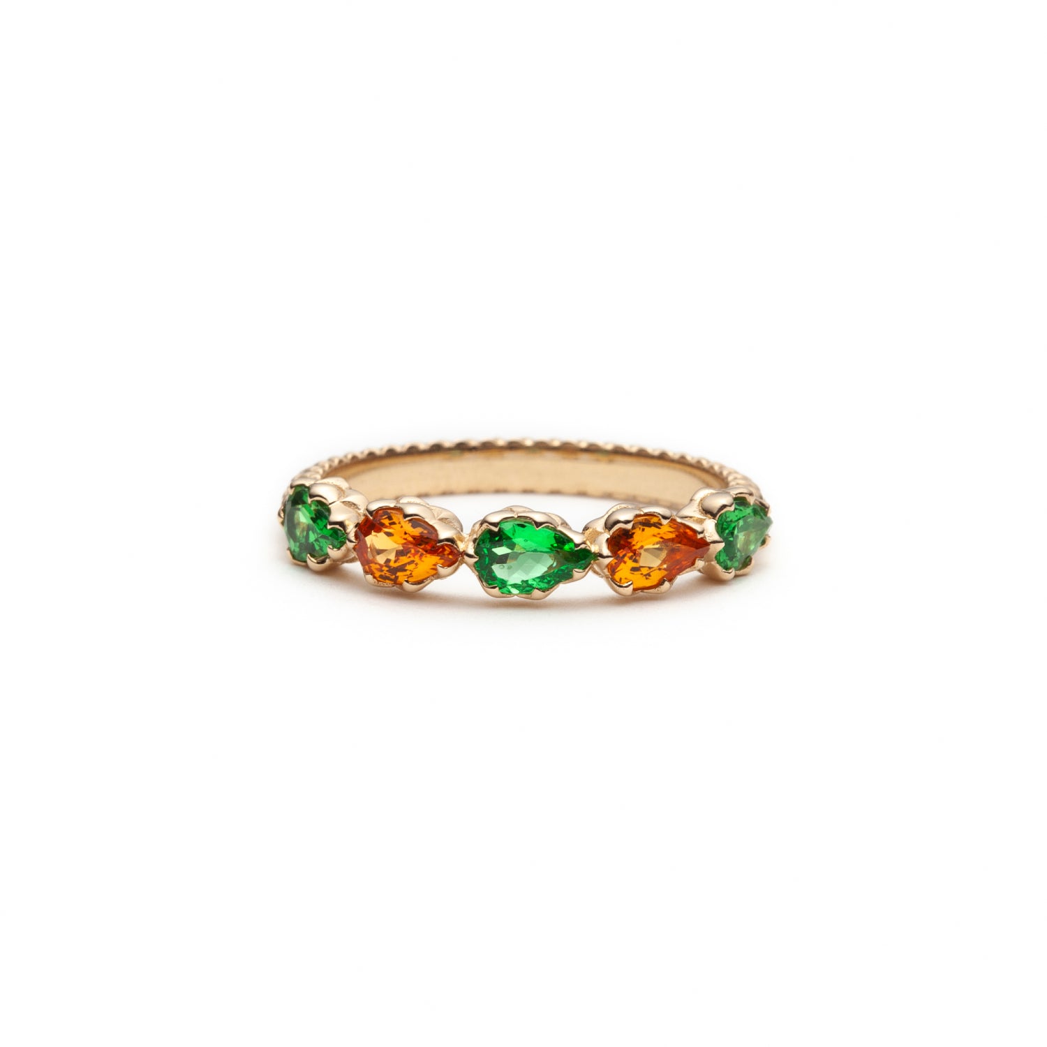 Lepia Pear-Shaped Orange and Green Sapphire Five-Stone Ring in Yellow Gold