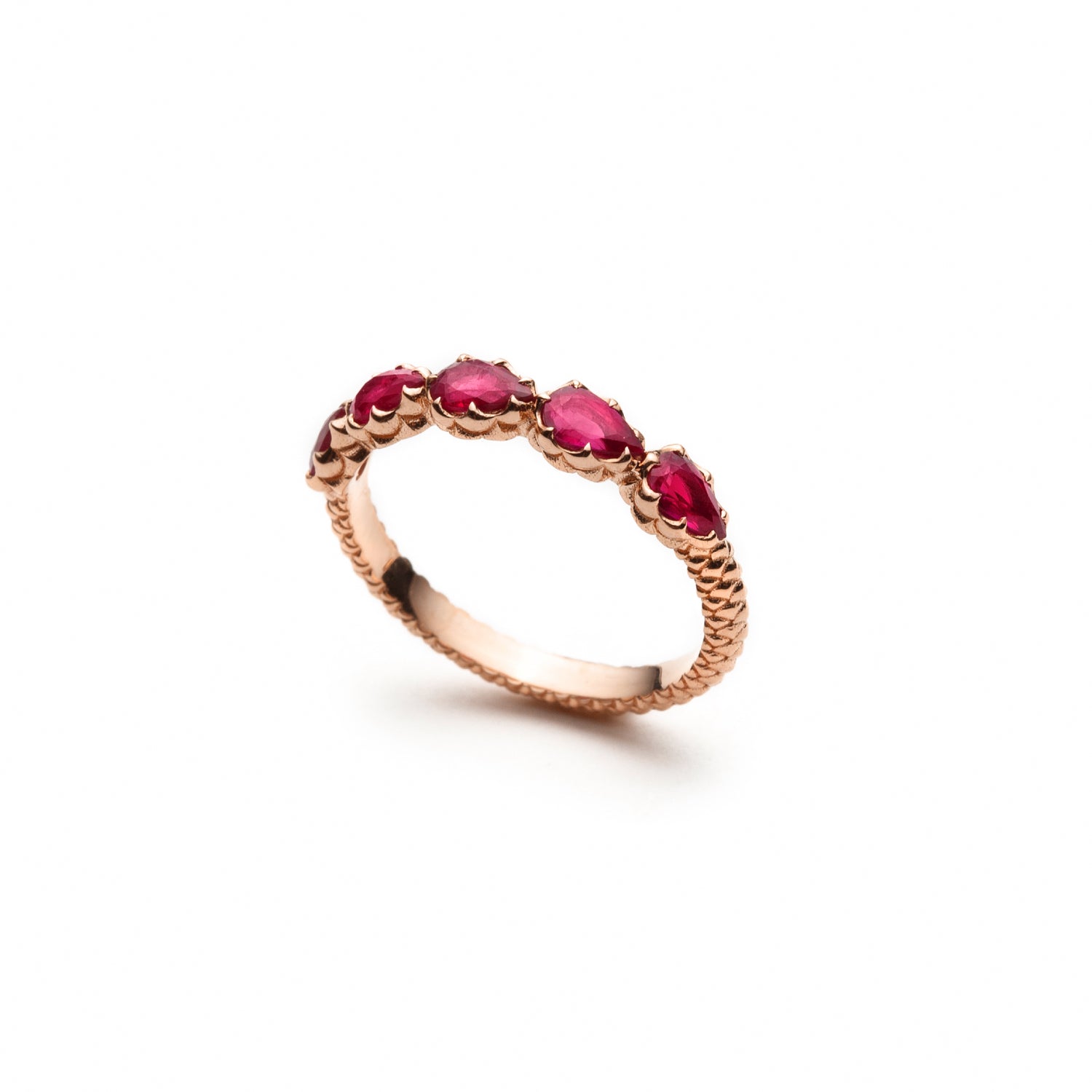 Lepia Pear-Shaped Ruby Five-Stone Ring in Rose Gold Side View