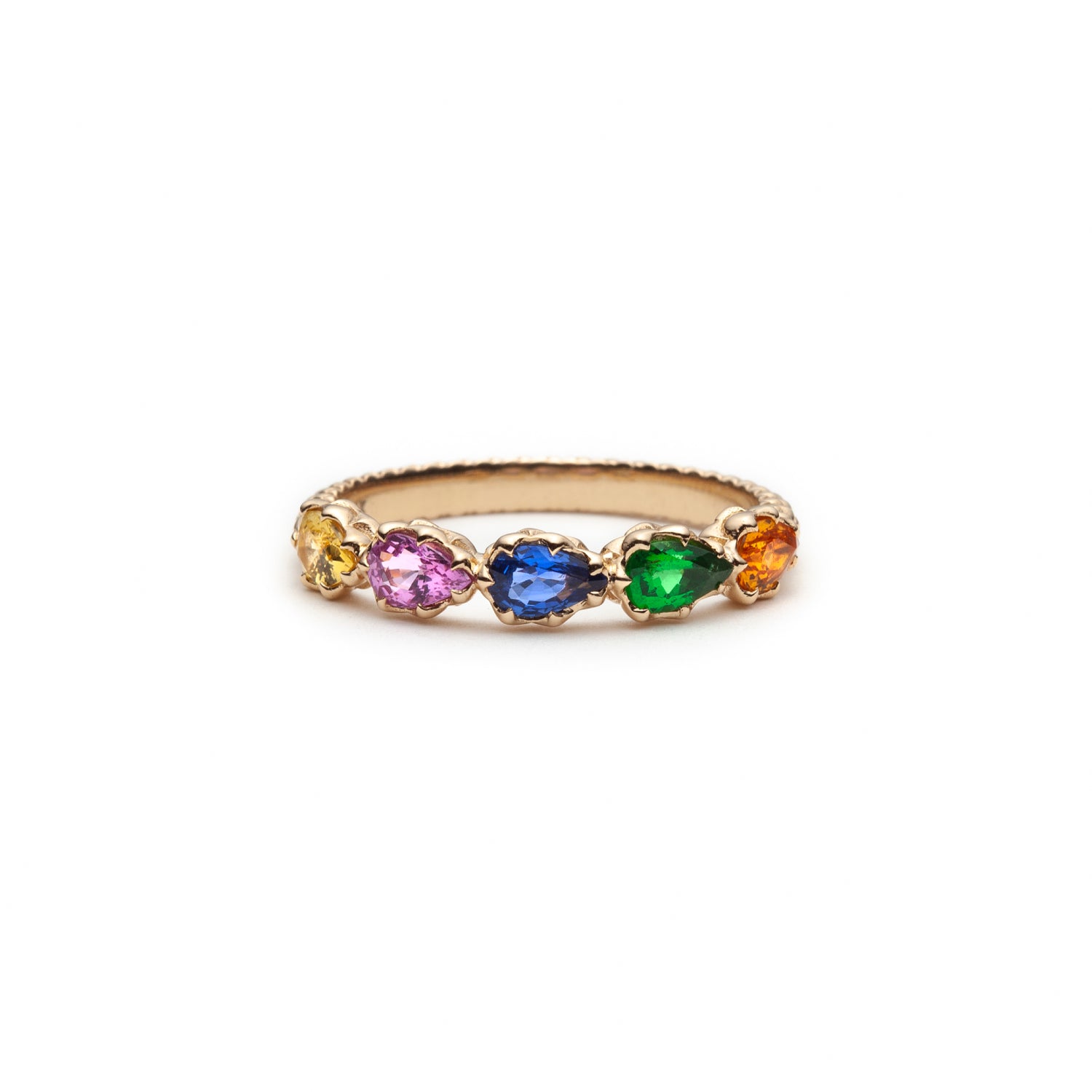 Lepia Pear-Shaped Tsavorite and Multicolour Sapphire Five-Stone Ring in Yellow Gold