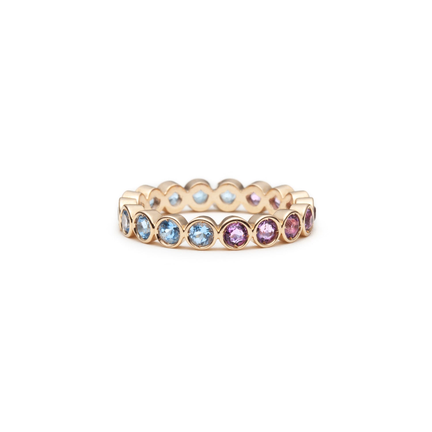 Mermaid Blue Topaz and Amethyst Eternity Ring in Yellow Gold