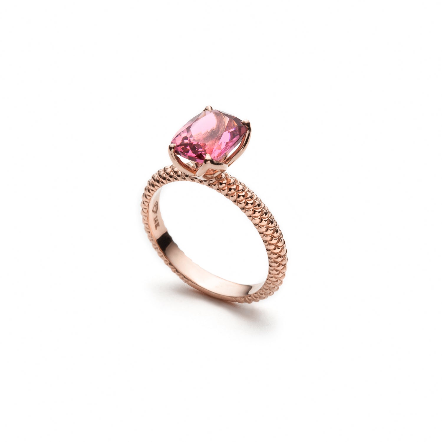 Mermaid Cushion-Shaped Pink Tourmaline Ring in Rose Gold Side View