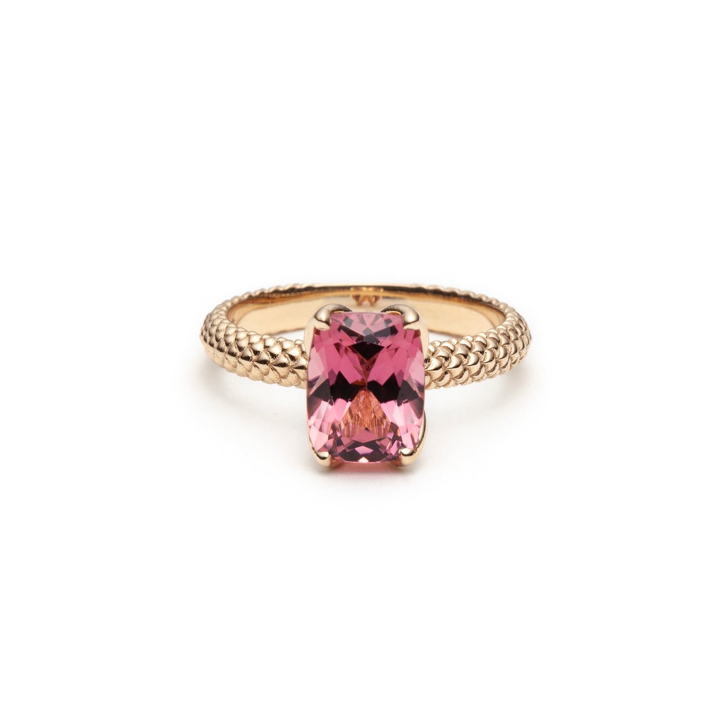 Mermaid Cushion-Shaped Pink Tourmaline Ring in Yellow Gold Front View