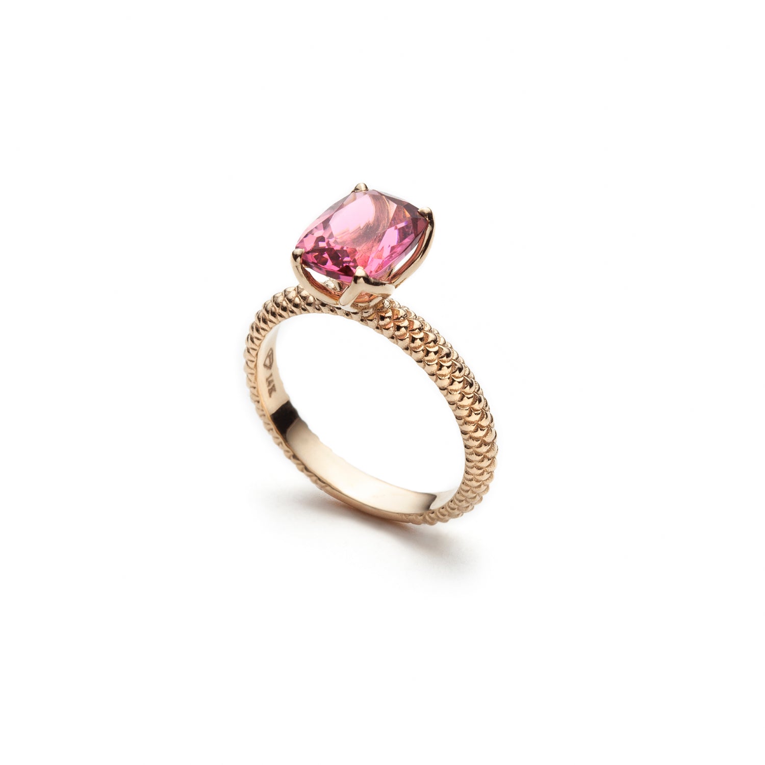 Mermaid Cushion-Shaped Pink Tourmaline Ring in Yellow Gold Side View