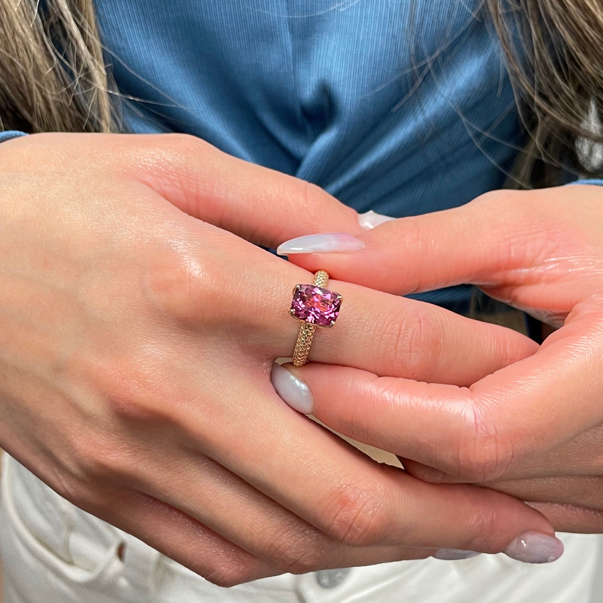 Mermaid Cushion-Shaped Pink Tourmaline Ring on a Hand
