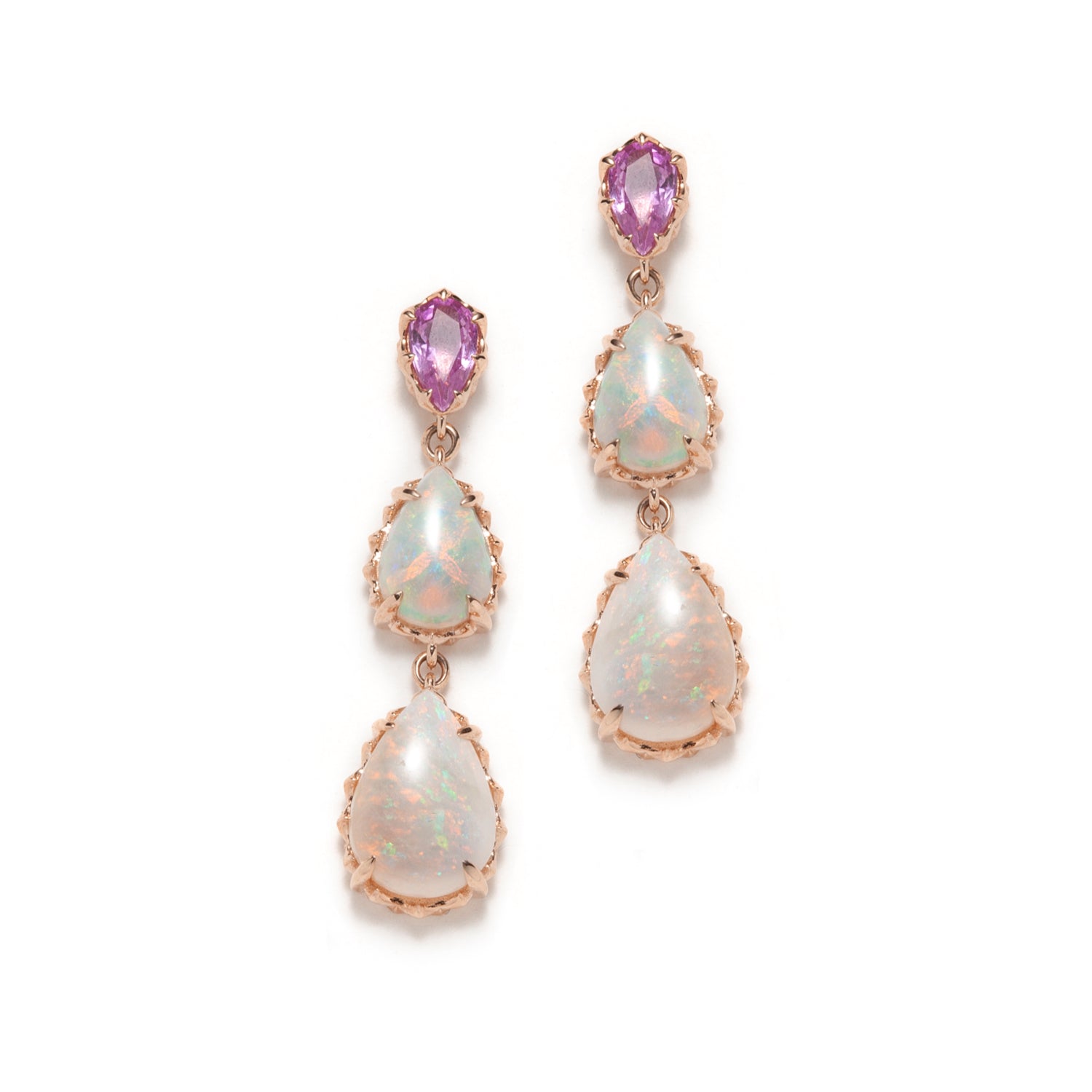 Mermaid Double Opal and Pink Sapphire Drop Earrings in Rose Gold