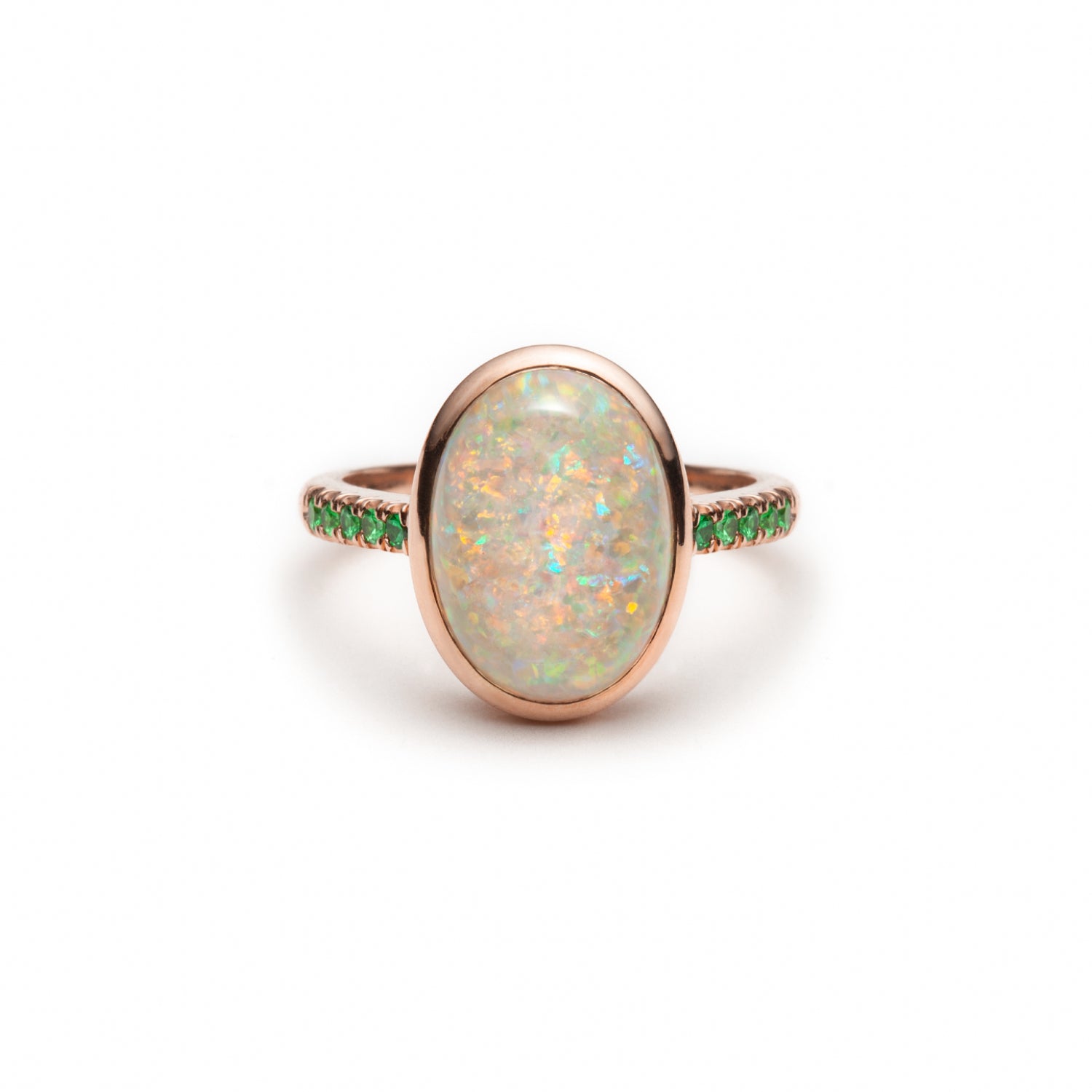 Mermaid Oval Opal and Tsavorite Cocktail Ring in Rose Gold