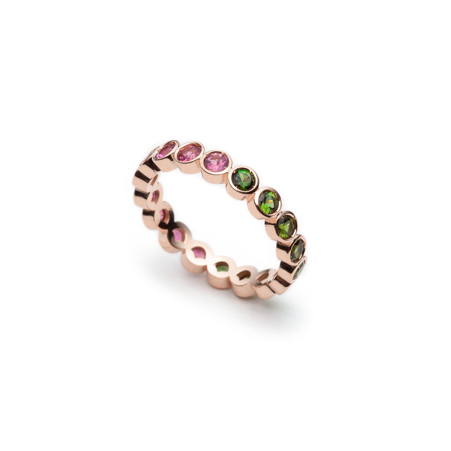 Mermaid Pink and Green Tourmaline Eternity Ring in Rose Gold Side View