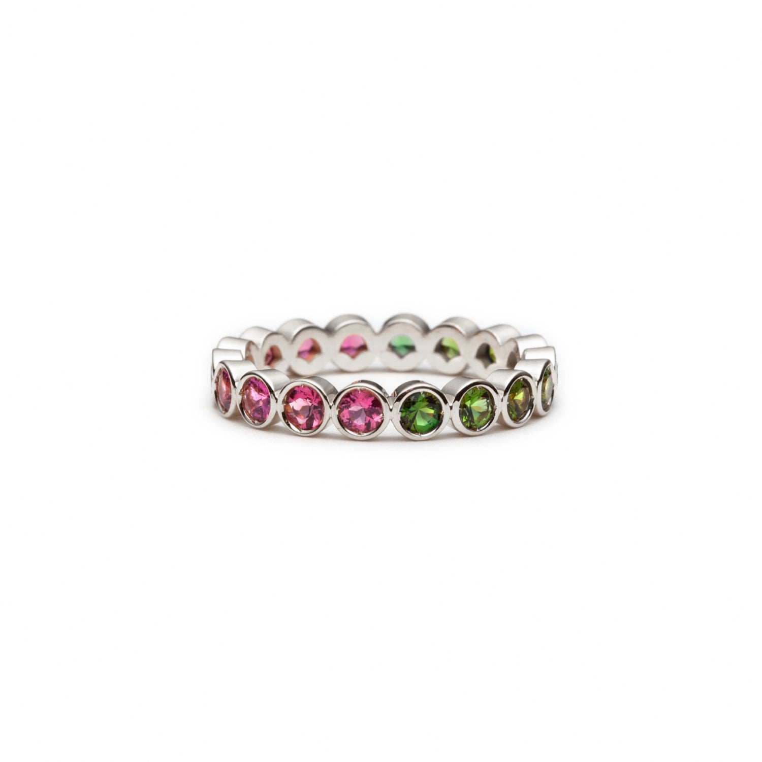 Mermaid Pink and Green Tourmaline Eternity Ring in White Gold