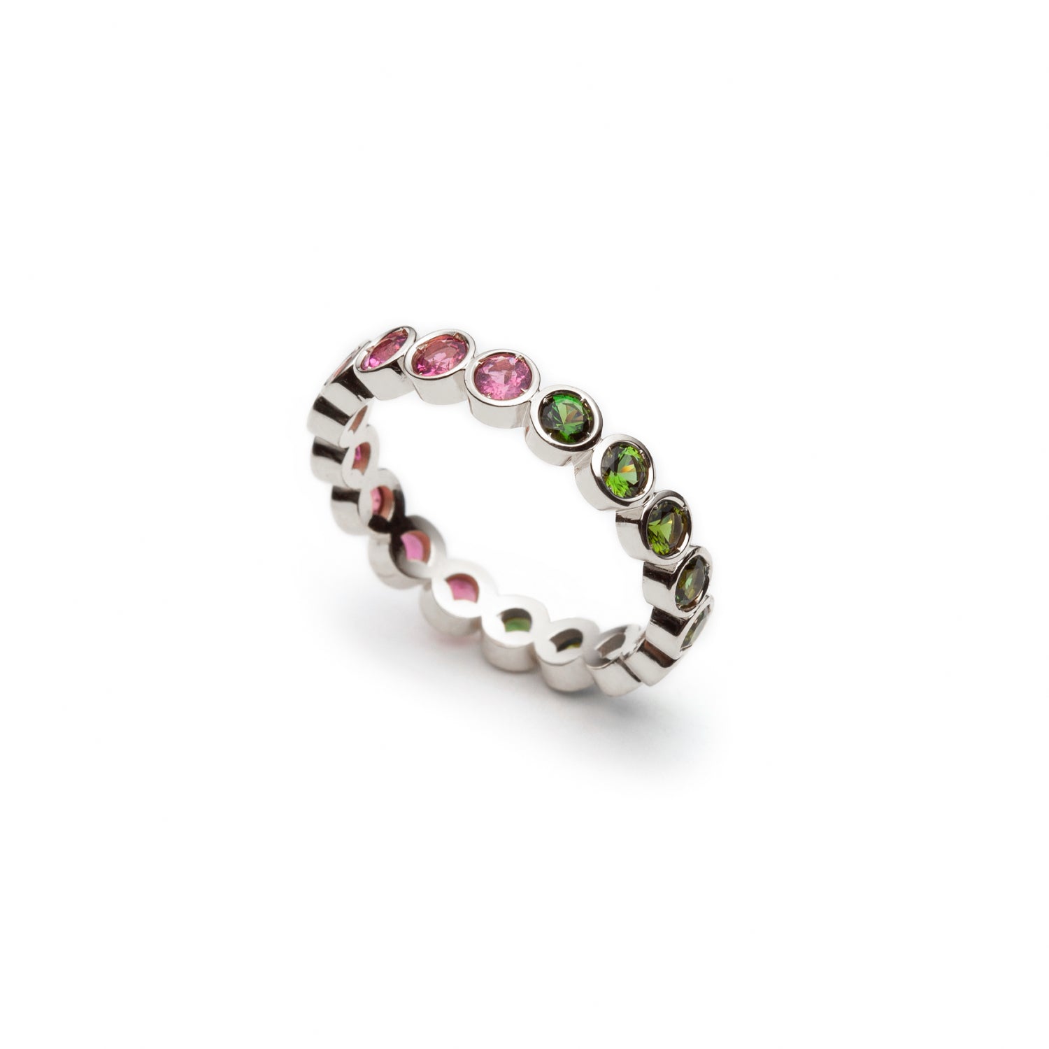 Mermaid Pink and Green Tourmaline Eternity Ring in White Gold Side View