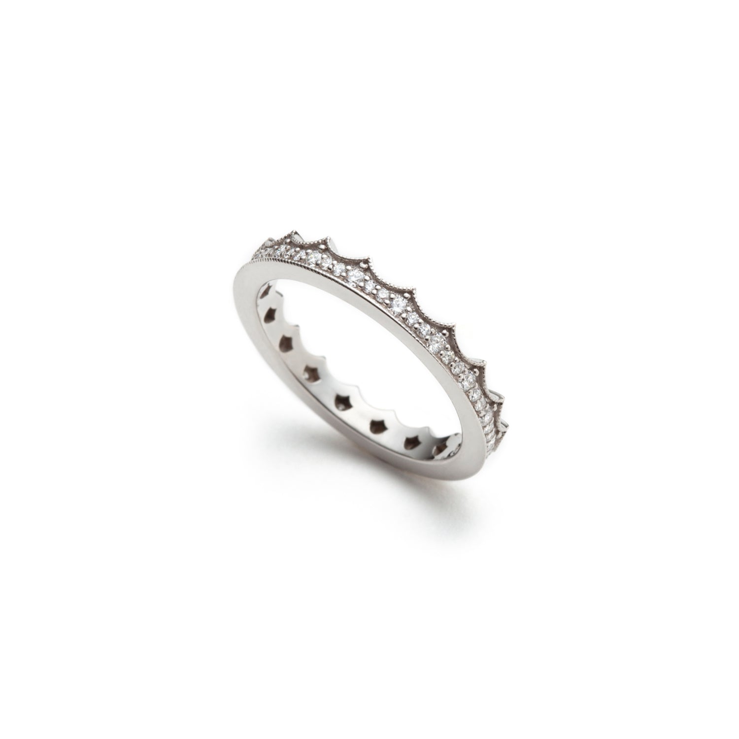 Mermaid Scales Motif Diamond Crown Ring in White Gold Side View